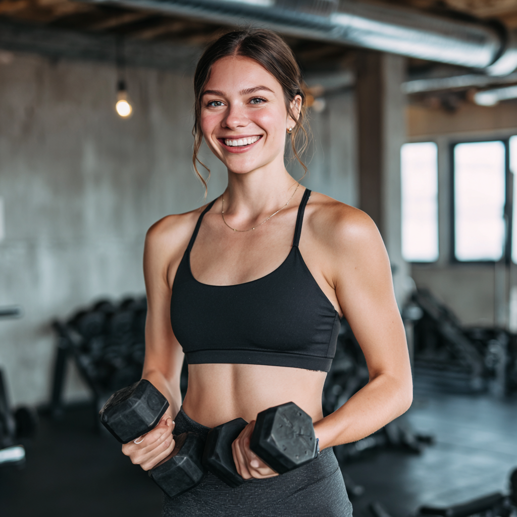 Smiling European woman in her 30s performing a graceful yoga pose in natural lighting, demonstrating strength and flexibility